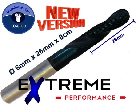 Fraise cylindrique Extreme Ø 6x26x80 BlueZenith-Tec Revêtue avec Rainure à Boule